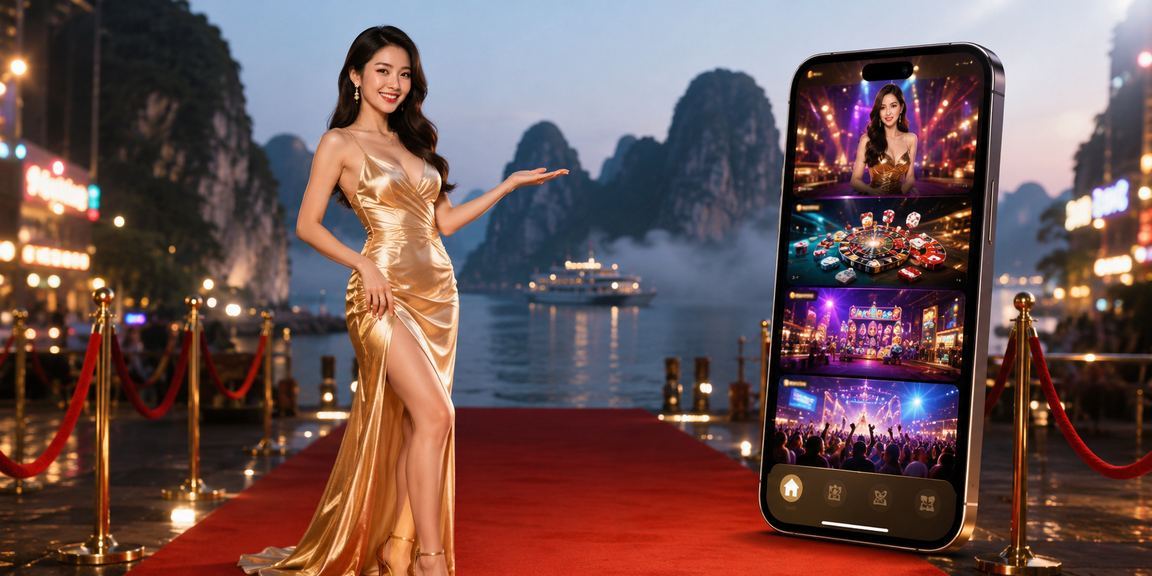 Người dùng chơi casino trên điện thoại di động với cảnh Vịnh Hạ Long phía sau